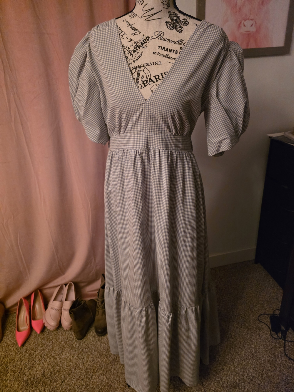 V-Neck Puff Sleeve Maxi Dress - Blue Gingham